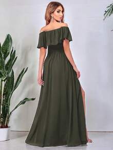 Vestido Elegante De Hombros Descubiertos Con Abertura Para Mujer, campesino - Verde militar - Ver 4