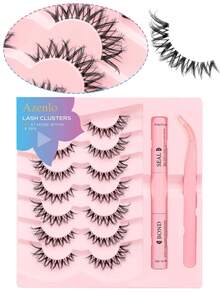 Azenlo七對完整假睫毛C型彎曲透明莖交叉眼尾混亂自然日常假睫毛帶睫毛延伸膠密封睫毛鉗假睫毛強力配件，柔美持久的睫毛膏適合全天佩戴的睫毛套裝 - 黑色 - 查看 1