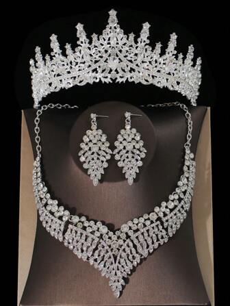 1 套奢华新娘配饰水晶皇冠、项链和耳环 4 件套珠宝套装，适合婚礼、典礼、派对