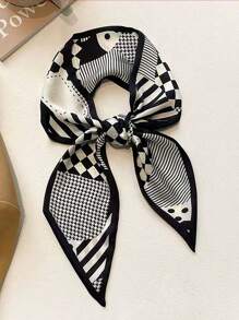 4pcs/Set Elegant Black And White Silk Scarves & Floral Pattern Hairbands,  Multi-Use For Daily Life And Vacation