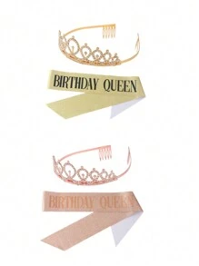 1 Set Corona de cumpleaños de oro/oro rosa + Cinta Reina, Corona con cristal de diamante brillante, Cinturón de reina de cumpleaños y Corona para fiesta de cumpleaños de dama, Fiesta individual - Multicolor - Ver 1