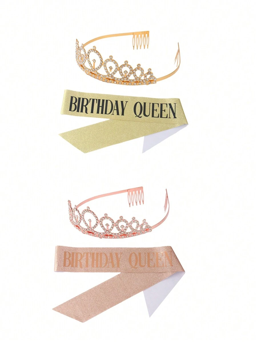 1 Set Corona de cumpleaños de oro/oro rosa + Cinta Reina, Corona con cristal de diamante brillante, Cinturón de reina de cumpleaños y Corona para fiesta de cumpleaños de dama, Fiesta individual - Multicolor - Ver 1