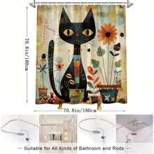 1pc Rustic Black Cat And Sunflower Shower Curtain, Vintage Watercolor Cartoon Cat Design, Polyester Fabric Bathroom Decor With Hooks, Washable, 70.8x70.8 Inches Summer Bathroom Accessories Back To School