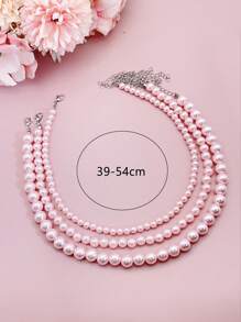 3pcs Stacking Necklace Set, Faux Pearl, Blush & Millennial Pink, Girls/Women - Imitation Pearl Necklace - View 4