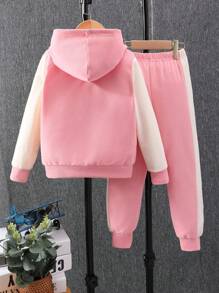 2 piezas/Conjunto Conjunto informal de sudadera con capucha tipo A-line con cremallera + pantalones con bloques de color para niñas jóvenes - Rosa - Ver 2