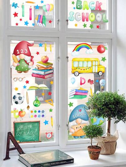 94قطعة من الملصقات اللاصقة على الزجاج قابلة لإعادة الاستخدام للديكور، ملصقات نافذة استاتيكية للعودة إلى المدرسة، ملصقات نافذة للفصل الدراسي لحائط الزجاج والسيارة، ديكورات فصل دراسي للعودة إلى المدرسة، ديكورات غرفة السكن