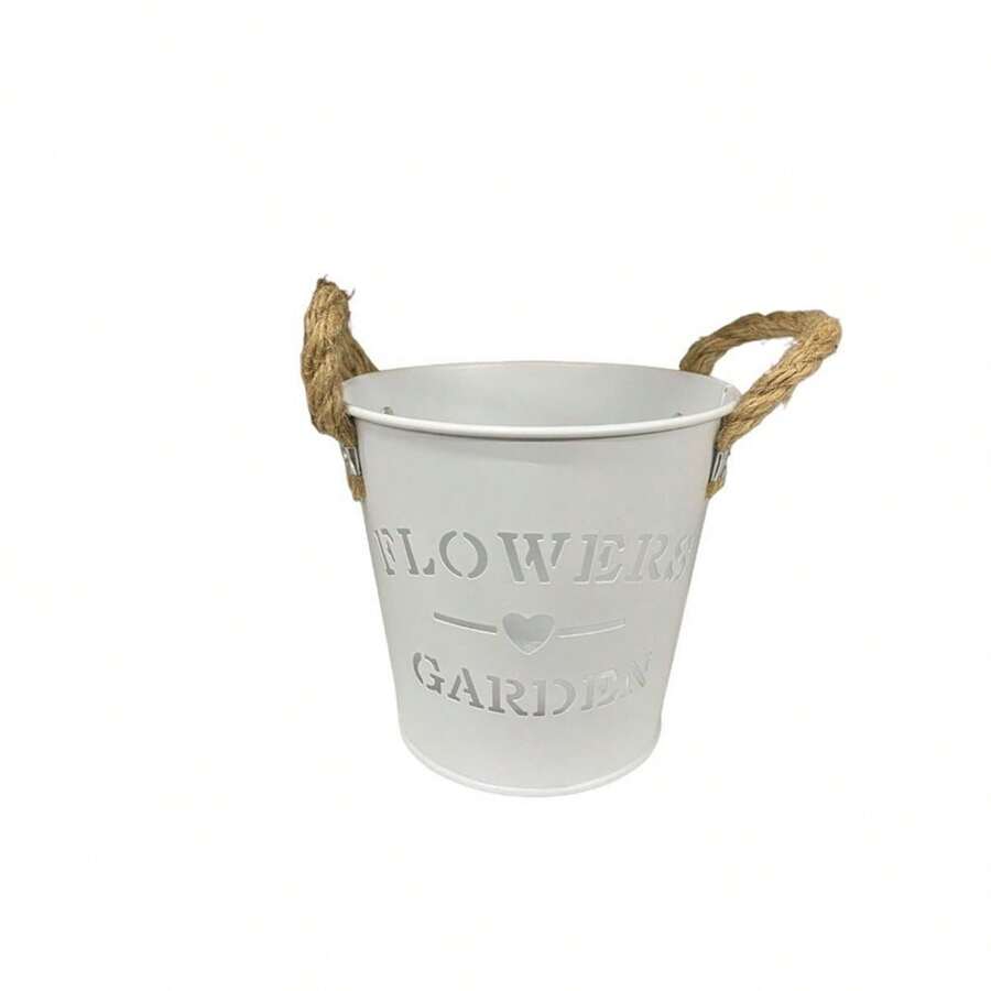 1 Metal Cachepot Vases With Rope Handle Flowers & Garden White Decorative Vase For Bouquets And Pendants - White - View 1