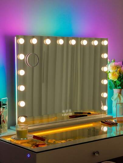 FENCHILIN FENCHILIN Espejo de Maquillaje con Iluminación RGB Espejo de Maquillaje con 18 Bombillas Regulables Espejo de Maquillaje Iluminado con Función Táctil Inteligente para Dormitorio y Tocador/Espejo de Pared 80cm x 58cm
