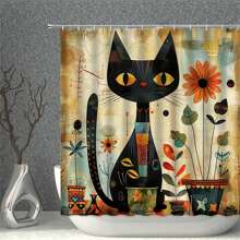 1pc Rustic Black Cat And Sunflower Shower Curtain, Vintage Watercolor Cartoon Cat Design, Polyester Fabric Bathroom Decor With Hooks, Washable, 70.8x70.8 Inches Summer Bathroom Accessories Back To School
