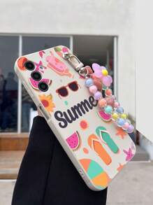 1pc White TPU Summer-Themed Anti-Fall Phone Cover And 1pc Pink Floral Beaded Phone Lanyard Compatible With IPhone, Matching And Fun Phone Cases, Android Phone Cases, Samsung, Xiaomi, Oppo, Compatible With IPhone 15 Pro MAX, Samsung A14, A54, A52, A31 4G, A23, Redmi Note 8 Pro, Note 11 Pro 4G And Note 12 4G, OPPO A54