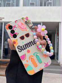 1pc White TPU Summer-Themed Anti-Fall Phone Cover And 1pc Pink Floral Beaded Phone Lanyard Compatible With IPhone, Matching And Fun Phone Cases, Android Phone Cases, Samsung, Xiaomi, Oppo, Compatible With IPhone 15 Pro MAX, Samsung A14, A54, A52, A31 4G, A23, Redmi Note 8 Pro, Note 11 Pro 4G And Note 12 4G, OPPO A54