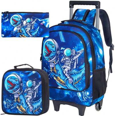 3PCS Rolling Backpack For  Boys, Kids Dinosaur Wheeled Bookbag