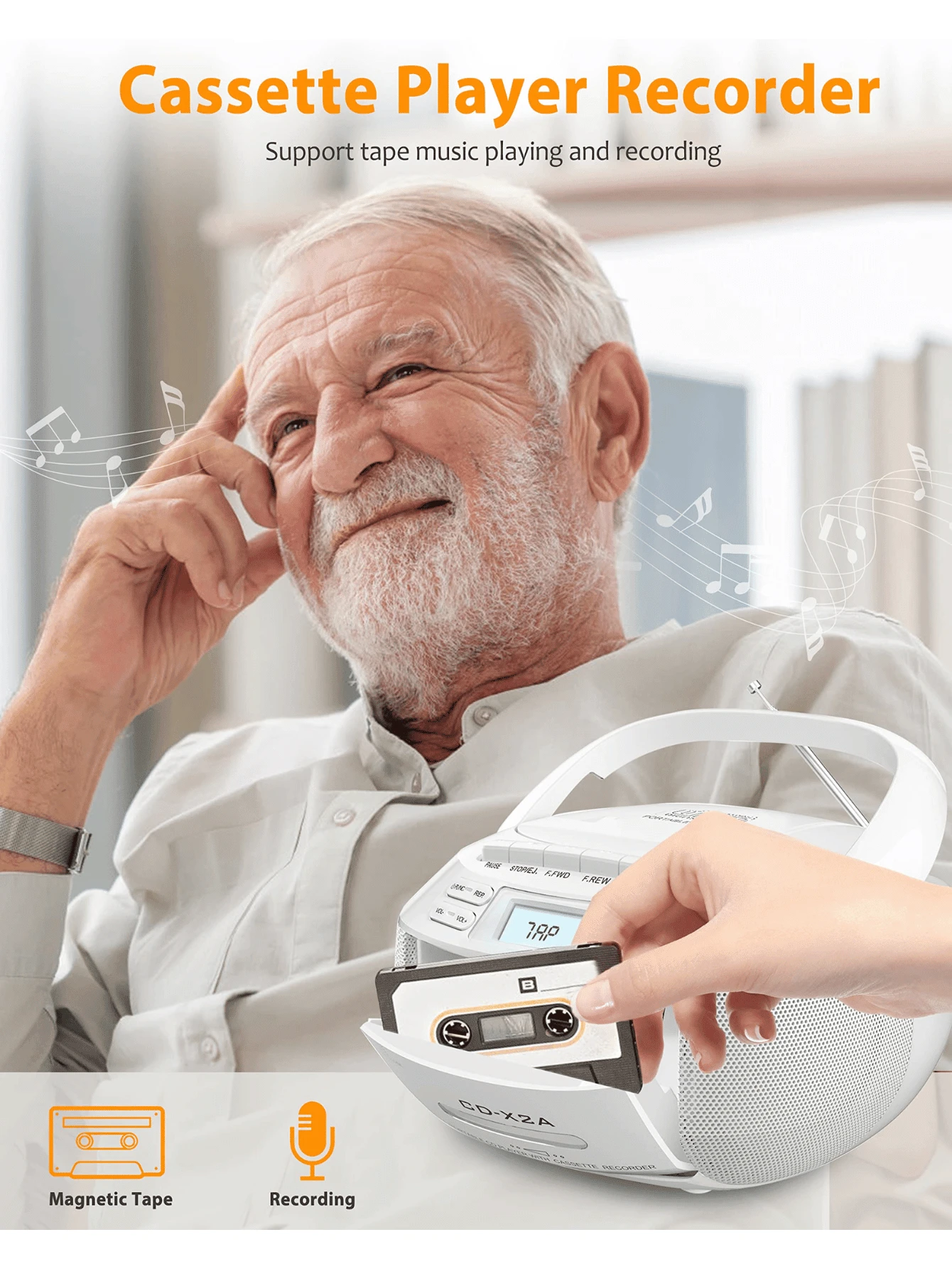 Greadio CD Player Boombox Cassette Player Combo With Bluetooth, AM/FM Radio, Stereo, Attached