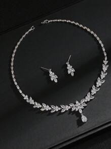 1 Set Of 3pcs Fashionable And Minimalist Cubic Zirconia Necklace Earrings Set For Wedding, Banquet And High-End Jewelry, With Leaf & Water Drop Decoration, Suitable For Women's Festival Wear