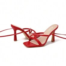 女款紅色涼鞋，繫帶高跟鞋，鑽石尖頭露趾鑽石高跟涼鞋，適用於舞會、派對 - 紅色 - 查看 8