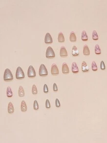 24 piezas de uñas afiladas tipo almendra de color rosa pastel con estilo rosa claro sólido al estilo Ins + 1 pieza de pegamento de gelatina + 1 set de limas de uñas - Multicolor - Ver 2