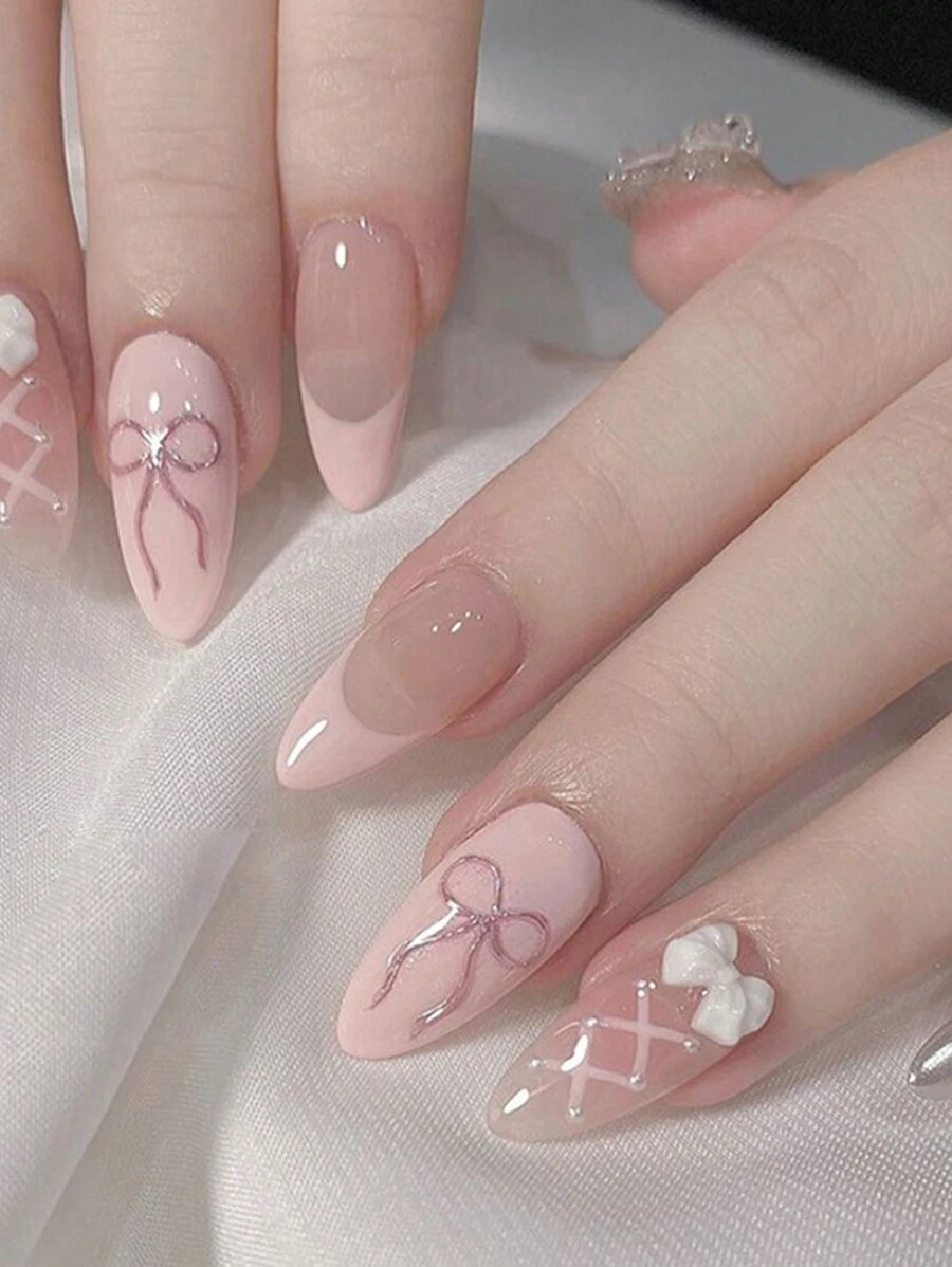 24 piezas de uñas afiladas tipo almendra de color rosa pastel con estilo rosa claro sólido al estilo Ins + 1 pieza de pegamento de gelatina + 1 set de limas de uñas - Multicolor - Ver 1
