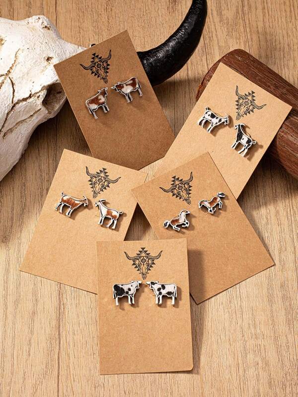 1 Pair Southwestern Ranch Farm Animal Cowhide Cow Goat Horse Stud Earring For Women, Western Cowgirl Style Earrings Jewelry