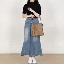 Coach Mollie 标志性帆布水桶包时尚女士简约斜挎包手提包单肩包中号卡其色 X 黑色 CA561 IMCBI - 棕色 - 查看 8