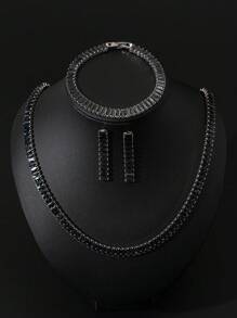 3pcs/Set Cubic Zirconia Dark Style Black Inlaid Necklace, Bracelet And Earrings Set, Suitable For Women/Girls Daily, Party, Gift, Halloween - Black - View 1