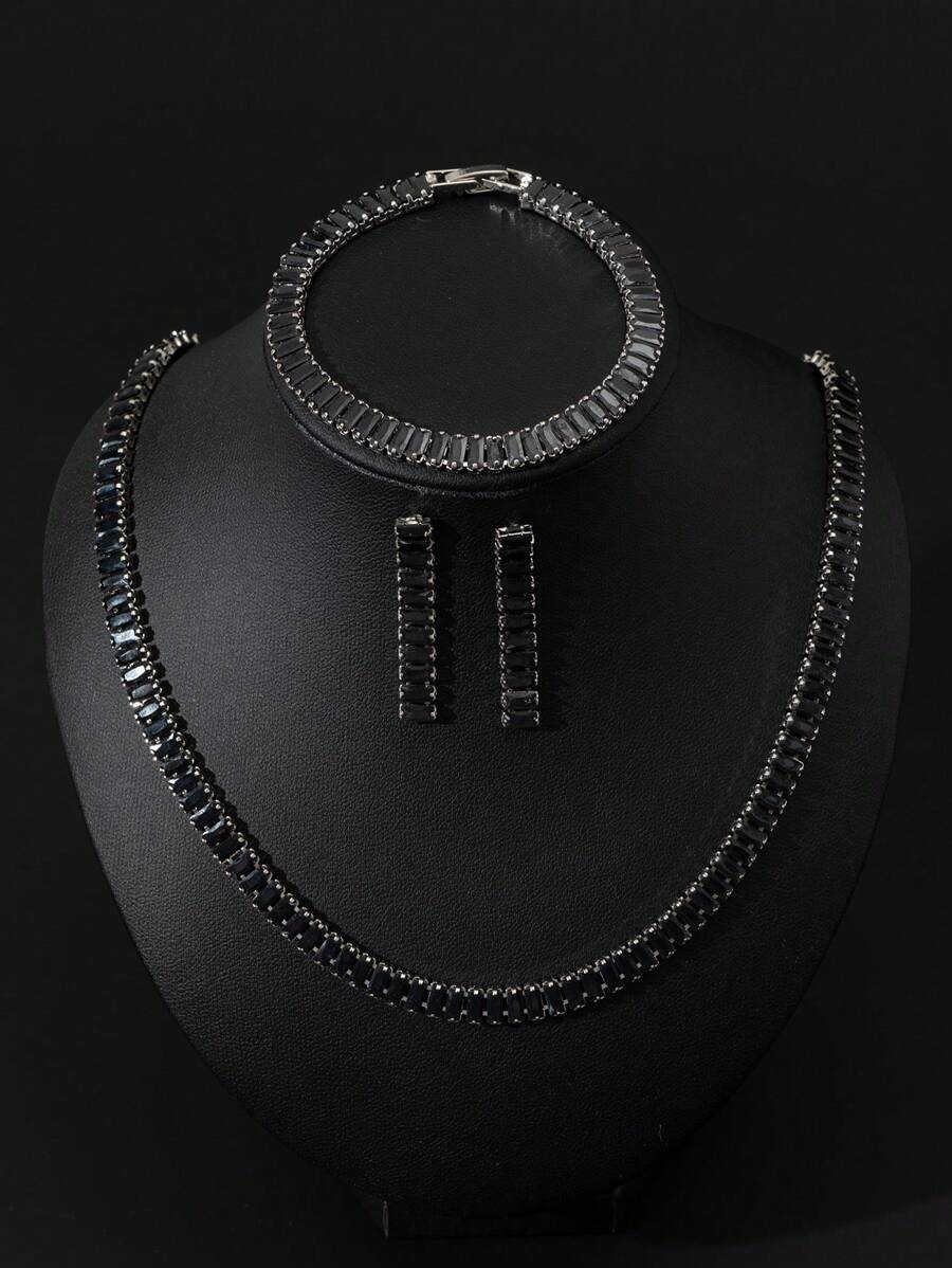 3pcs/Set Cubic Zirconia Dark Style Black Inlaid Necklace, Bracelet And Earrings Set, Suitable For Women/Girls Daily, Party, Gift, Halloween - Black - View 1