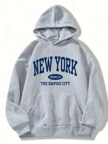 Sudadera con capucha de manga larga para hombre con frase New York Empire con bolsillo canguro, una prenda cómoda y versátil para otoño e invierno - Gris - Ver 1
