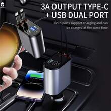 Retractable Car Charger  Car Fast Charger For IPhone And Type C Retractable CablesThree In One Car ChargerA Good Friend Of Cars Adapter Charging Adjustable Port Cellphone Smartphone Electronic Mobile(Two Bottles) - Black - View 2