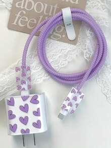 Bộ 5 Bộ Bảo Vệ Cáp Và Sạc Hình Trái Tim Màu Tím Cho IPhone14promax, Cuộn Cáp Sạc IPhone13/12/11, Đầu Sạc Nhanh 18/20W, Cuộn dây xoắn chống đứt, Món quà lý tưởng cho bạn trai/bạn gái - Nhiều màu - Xem 2