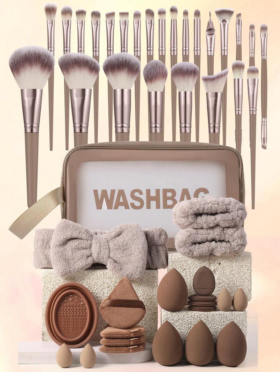 46件套化妆工具套装（含赠品）：1个多功能拉链防水化妆包+25支化妆刷套装+4个化妆海绵+4个迷你化妆海绵+4个三角粉扑+4个迷你气垫粉扑+1个发圈+2个手碗挂绳+1个化妆刷清洁工具。 - 彩色 - 查看 1