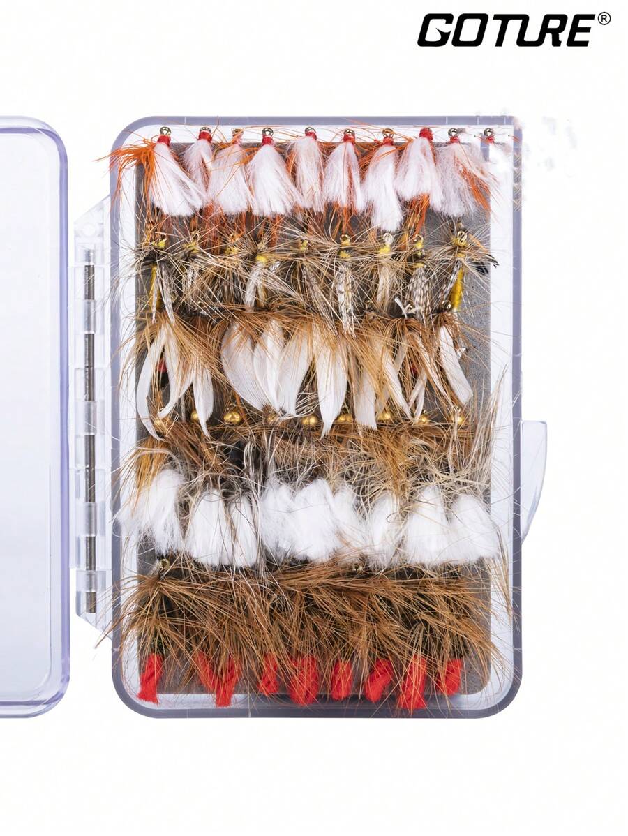 Goture 30/54/60/66pcs Fly Fishing Lure Kit Assorted Size Hooks Portable Fly Bait Box Packing Dry