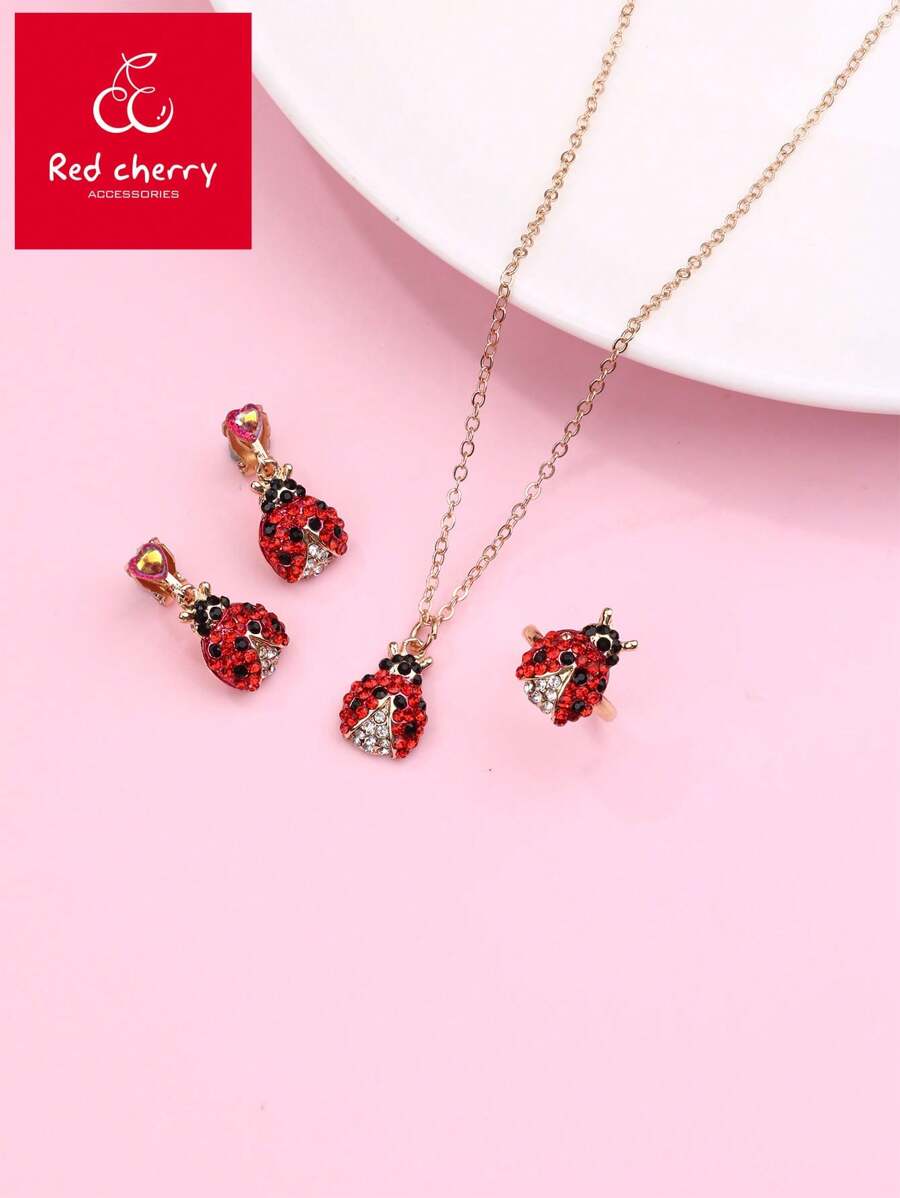 1pc Necklace, 1pc Ring, 2pcs Earrings Girls' Cute Beetle Shaped Zinc Alloy Jewelry Set With Red & Black Acrylic Stones, Suitable For Daily Wear - Multicolor - View 1