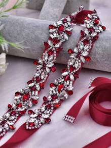 1pc Elegant Red Rhinestone Decorated Bridal Belt, Western-Style Versatile Waistband For Wedding Dress - S38-dark Red - View 3