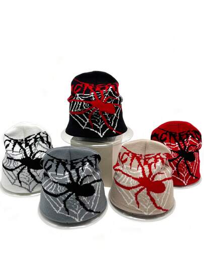 1pc Unisex Y2K Knitted Beanie Hat, Halloween Spider & Web Asymmetric Letter Pattern, Warm Woolen Cap For Hip-Hop, Rock, Outdoor, Fishing, Party And Gift Fall Outfit