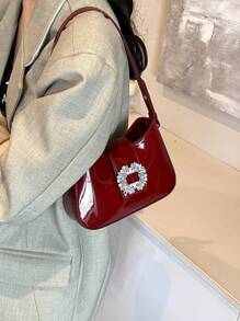 Vintage Simple Commuter Style New Wine-Red Shiny PU Leather Handbag With Adjustable Shoulder Strap, Women's Sparkling Rhinestone And Metal Decoration Crescent-Shaped Shoulder Bag, Suitable For Formal Occasions Such As Parties, Weddings, Gatherings, College Students, Back To School, Campus, Business Trips, Travel, Fashionable Burgundy Bag , Red Bag , Burgundy Bag, Old Money - Burgundy - View 6