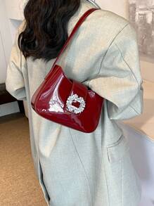Vintage Simple Commuter Style New Wine-Red Shiny PU Leather Handbag With Adjustable Shoulder Strap, Women's Sparkling Rhinestone And Metal Decoration Crescent-Shaped Shoulder Bag, Suitable For Formal Occasions Such As Parties, Weddings, Gatherings, College Students, Back To School, Campus, Business Trips, Travel, Fashionable Burgundy Bag , Red Bag , Burgundy Bag, Old Money - Burgundy - View 5
