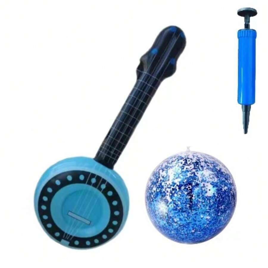 2PCS Inflatable Blue Guitar And 15-Inch Inflatable Transparent Beach Ball Color Random, -Friendly PVC Water Pool Party Role Play Party Inflatable Toy - Multicolor - View 1