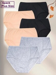 6 peças pacote Plus Size Calcinha Respirável de Cor Sólida