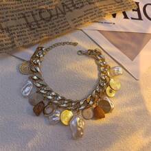 1入組時尚巴洛克珍珠金屬復古美人魚天然石頭與金幣設計海洋沙灘日常禮物女士鏈扣手鐲 - 金色 - 查看 2