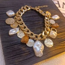 1入組時尚巴洛克珍珠金屬復古美人魚天然石頭與金幣設計海洋沙灘日常禮物女士鏈扣手鐲 - 金色 - 查看 3