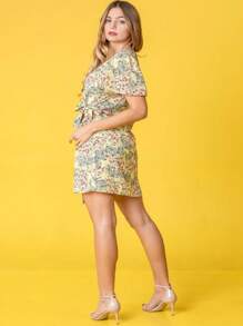 Black Yellow Ditsy Floral Puff Short Sleeve Wrap Tie Surplice V Neck  Mini Dress Swing Southern Dress | Small -3 XL - 黃色 - 查看 8