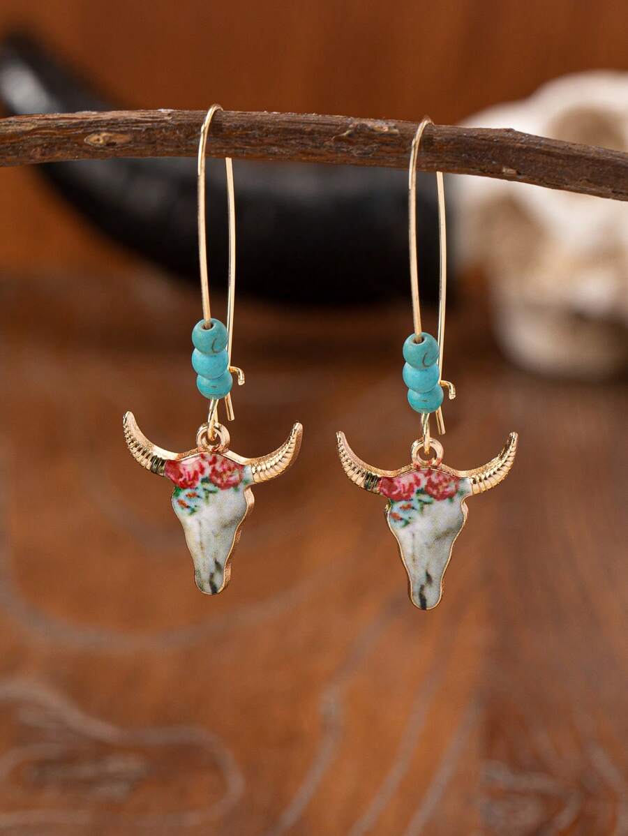 1 Pair Western Cowboy Style Blue Turquoise Decor Longhorn Pendant Earrings (For Women) - Multicolor - View 1