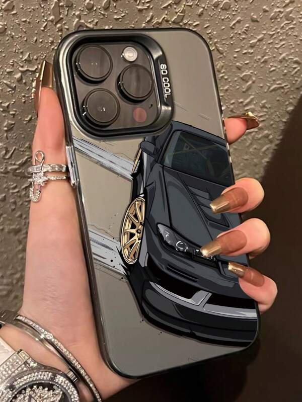 1pc Black Racing Pattern Independent Electroplating Button IMD Anti-Fall Phone Case Compatible With IPhone 7 Plus/8/8 Plus/SE2/11/11 Pro/11 Pro Max/XR/XS/12 Pro/12 Pro Max/13 Pro/13 Pro Max/14 Pro/14 Pro Max/15/15 Plus/15 Pro/15 Pro Max
