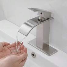 Single-Handle Stainless Steel Bathroom Basin Faucet, Brushed Nickel, Waterfall-Style Bathroom Sink Faucet, Suitable For 1-Hole Or 3-Hole Installation, Includes 6-Inch Countertop Base Plate And Hose, Pop-Up Drain Not Included,  Ideal For Countertop Basins, Washbasins, Bathroom Vanities, RV Sinks, Farmhouse Sinks. Bathroom Decor, Bathroom Accessories, Christmas Gifts - Brushed Nickel - View 1