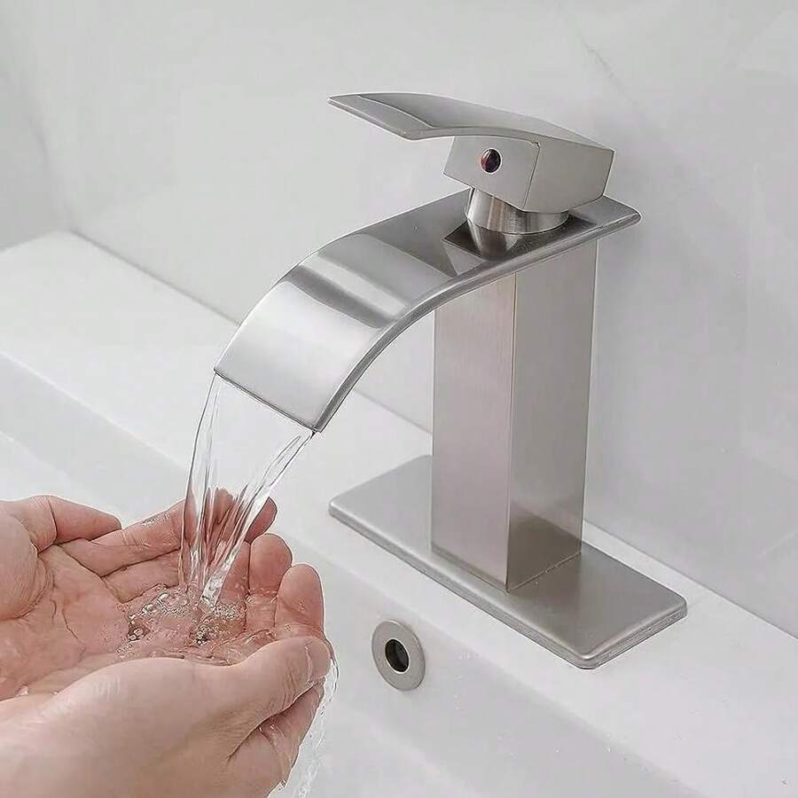 Single-Handle Stainless Steel Bathroom Basin Faucet, Brushed Nickel, Waterfall-Style Bathroom Sink Faucet, Suitable For 1-Hole Or 3-Hole Installation, Includes 6-Inch Countertop Base Plate And Hose, Pop-Up Drain Not Included,  Ideal For Countertop Basins, Washbasins, Bathroom Vanities, RV Sinks, Farmhouse Sinks. Bathroom Decor, Bathroom Accessories, Christmas Gifts - Brushed Nickel - View 1