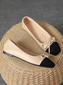 Women's Fashionable Square Toe Low Vamp Beige Bowknot Flat Shoes, Perfect For Outdoor Activities And Casual Wear In Black & White Or Khaki Valentines