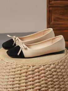 Women's Fashionable Square Toe Low Vamp Beige Bowknot Flat Shoes, Perfect For Outdoor Activities And Casual Wear In Black & White Or Khaki Valentines