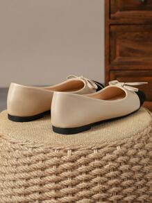 Women's Fashionable Square Toe Low Vamp Beige Bowknot Flat Shoes, Perfect For Outdoor Activities And Casual Wear In Black & White Or Khaki Valentines