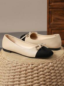 Women's Fashionable Square Toe Low Vamp Beige Bowknot Flat Shoes, Perfect For Outdoor Activities And Casual Wear In Black & White Or Khaki Valentines