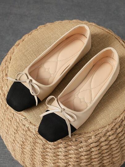 Women's Fashionable Square Toe Low Vamp Beige Bowknot Flat Shoes, Perfect For Outdoor Activities And Casual Wear In Black & White Or Khaki Valentines