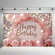1 pieza Decoración de fondo para fiesta de cumpleaños Tela con globos rosas rosados - Tela de poliéster multifuncional para decoración de sala de estar y dormitorio, creando fácilmente una atmósfera de lujo, tamaño del producto 150 cm/59 pulg. * 100 cm/39 pulg., Navidad - Multicolor - Ver 2